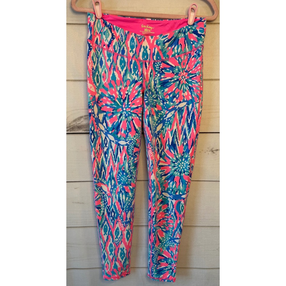 Lilly Pulitzer Luxletic Leggings Womens Medium Pink Blue Ikat Floral Activewear